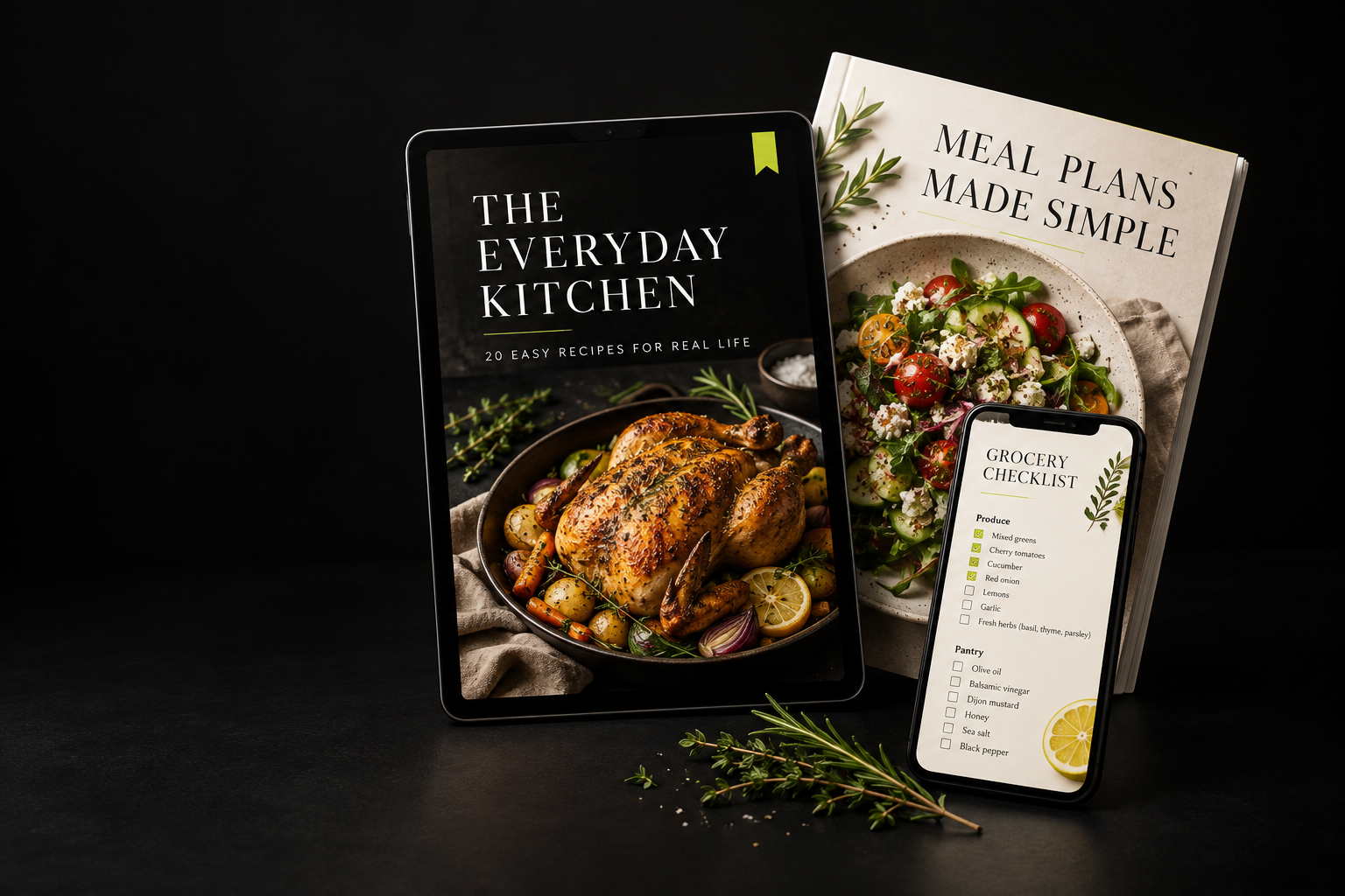 Ownable product concepts: The Everyday Kitchen cookbook, Meal Plans Made Simple, and a grocery checklist on a phone.